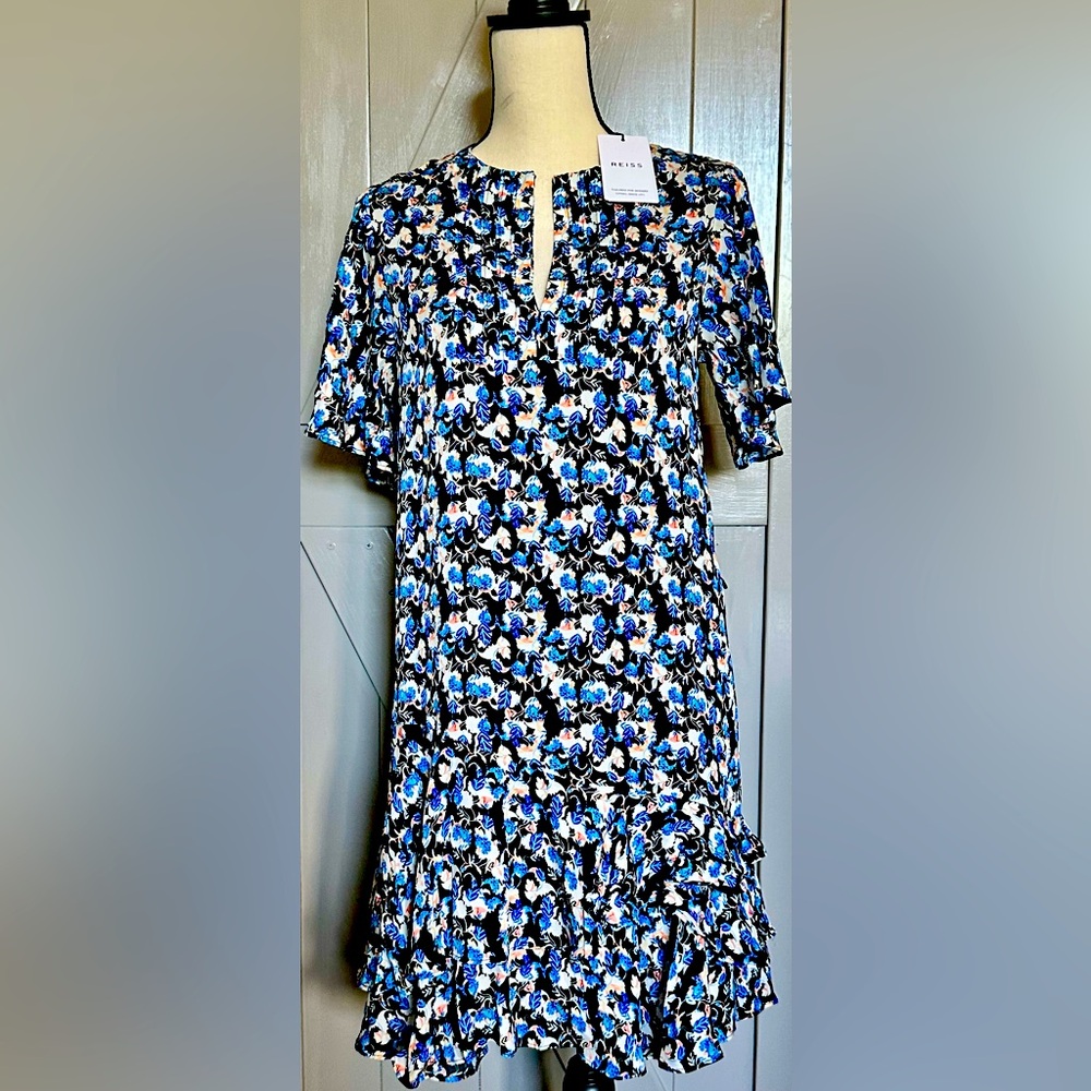 🆕 Reiss NWT Reiss Lulu Ditsy Flippy Dress, Blue, Floral Blue and Black Sz 2